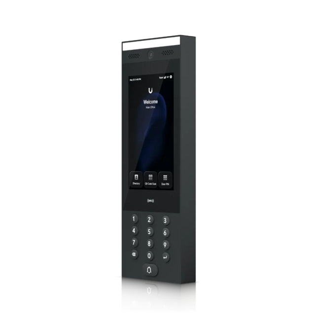 Close-up of the high-luminance 7-inch capacitive multi-touch portrait screen on the UniFi G3 Intercom displaying the digital visitor directory search and doorbell request menu.