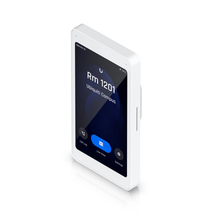 Close-up of the bright 5-inch portrait display on the UniFi Intercom Viewer showing an instant live video stream and remote door unlock control buttons.