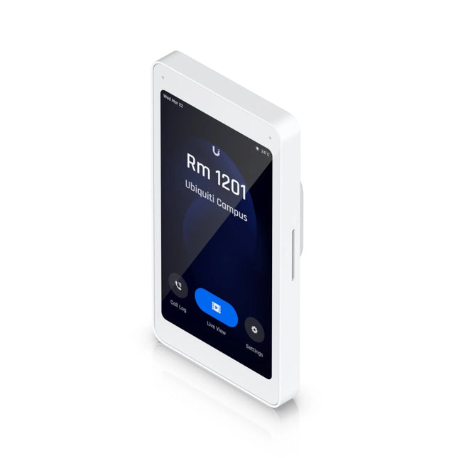 Close-up of the bright 5-inch portrait display on the UniFi Intercom Viewer showing an instant live video stream and remote door unlock control buttons.