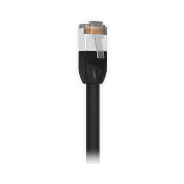Neatly coiled 1m black UniFi outdoor-grade Cat5e ethernet patch cable with all-weather jacket.