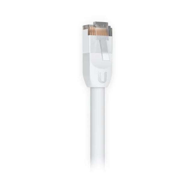 Close-up view of shielded weatherproof black RJ45 boot connectors on 2m white UniFi outdoor ethernet cable.