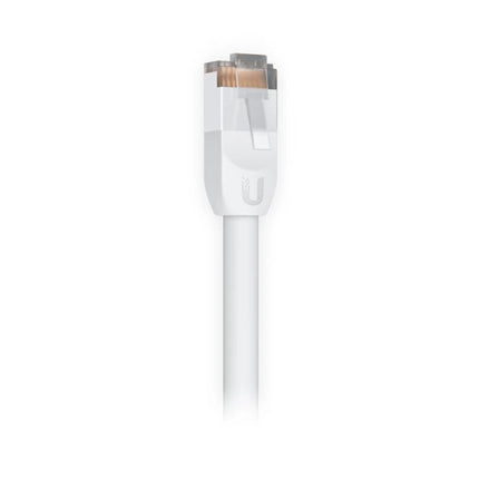 Close-up view of shielded weatherproof black RJ45 boot connectors on 3m white UniFi outdoor ethernet cable.