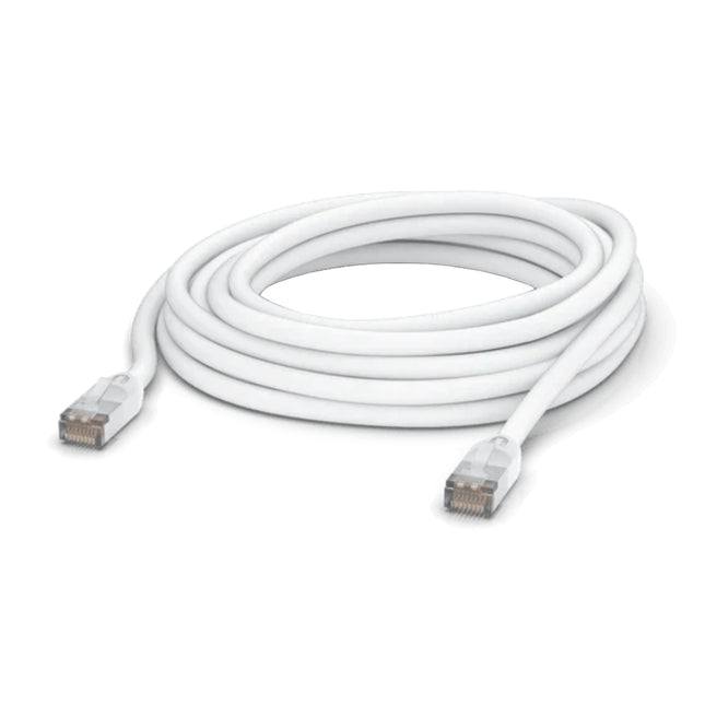 Ubiquiti UniFi 8-meter outdoor all-weather Cat5e RJ45 ethernet patch cable in white.