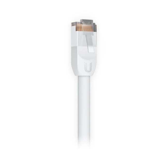 Close-up view of shielded weatherproof RJ45 boot connectors on UniFi outdoor ethernet cable.