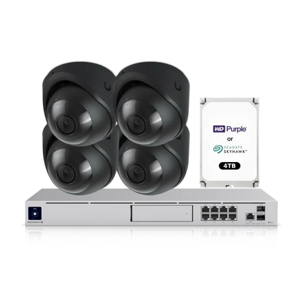 UniFi Protect 4K CCTV bundle with four black UVC-G6-Turret-B cameras and UDM-SE 4TB NVR, NDAA compliant