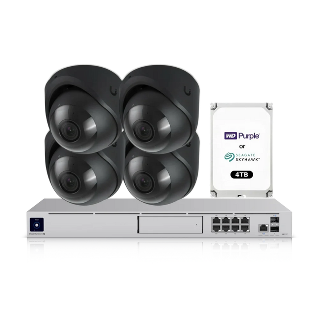 UniFi Protect 4K CCTV bundle with four black UVC-G6-Turret-B cameras and UDM-SE 4TB NVR, NDAA compliant