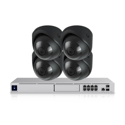 UniFi Protect 4K CCTV bundle with four white UVC-G6-Turret-B black cameras and UDM-SE NVR, NDAA compliant