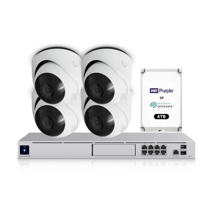 UniFi Protect 4K CCTV bundle with four white UVC-G6-Turret-W cameras and UDM-SE 4TB NVR, NDAA compliant