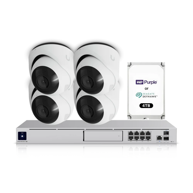 UniFi Protect 4K CCTV bundle with four white UVC-G6-Turret-W cameras and UDM-SE 4TB NVR, NDAA compliant