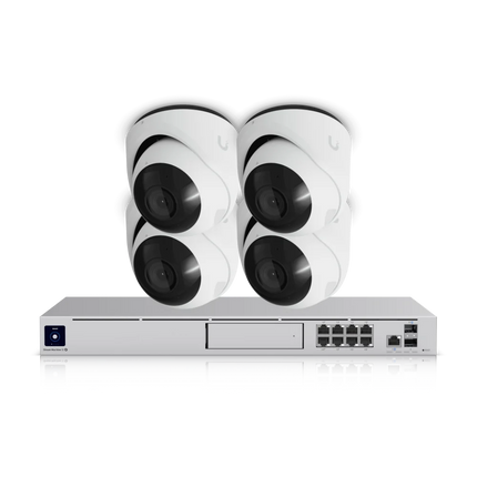 UniFi Protect 4K CCTV bundle with four white UVC-G6-Turret-W cameras and UDM-SE NVR, NDAA compliant