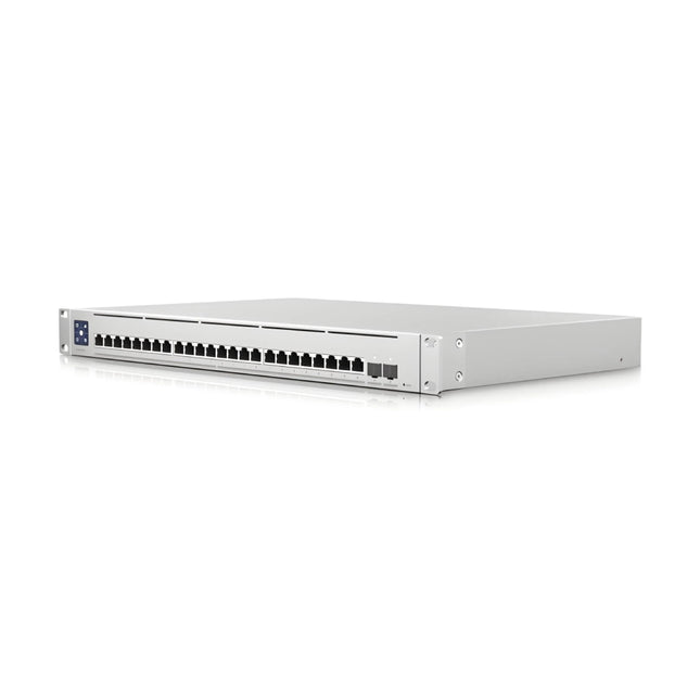 Detailed close-up of the 24 high-speed 10GbE RJ45 ports alongside two 25G SFP28 fiber uplink modules on the Enterprise XG 24 switch.