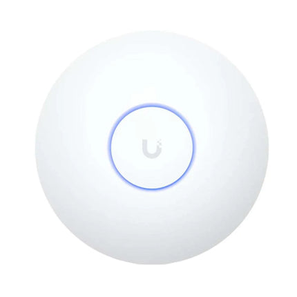Front view of the round white Ubiquiti UniFi U7 Pro Long Range access point with its signature central LED indicator ring.