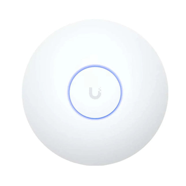 Front view of the round white Ubiquiti UniFi U7 Pro Long Range access point with its signature central LED indicator ring.