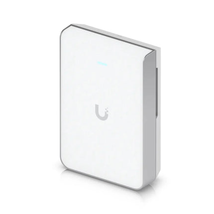 Front view of the sleek white Ubiquiti UniFi U7 Pro Wall WiFi 7 access point mounted flush against a wall.
