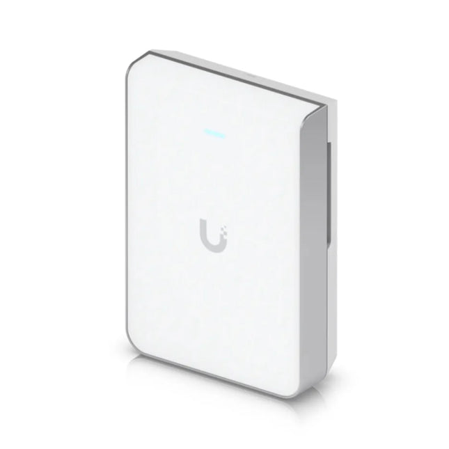 Front view of the sleek white Ubiquiti UniFi U7 Pro Wall WiFi 7 access point mounted flush against a wall.