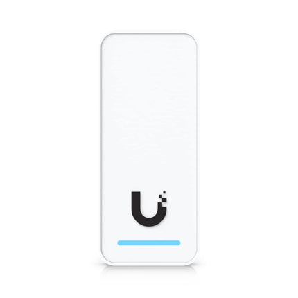 A close-up of a user tapping an NFC smart card against the Ubiquiti UniFi Access G3 Reader to unlock an office door, demonstrating the contactless entry feature.