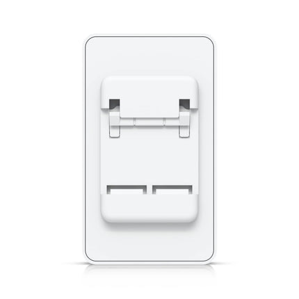 Side view of the UniFi Door Hub Mini showing its three Gigabit Ethernet RJ45 ports, highlighting one PoE++ input port and two downstream PoE+ outputs for access readers or Protect cameras.