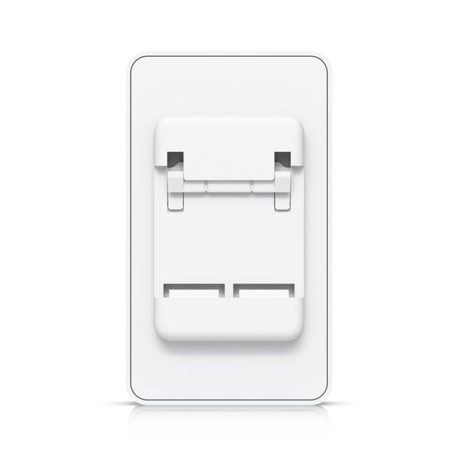 Side view of the UniFi Door Hub Mini showing its three Gigabit Ethernet RJ45 ports, highlighting one PoE++ input port and two downstream PoE+ outputs for access readers or Protect cameras.