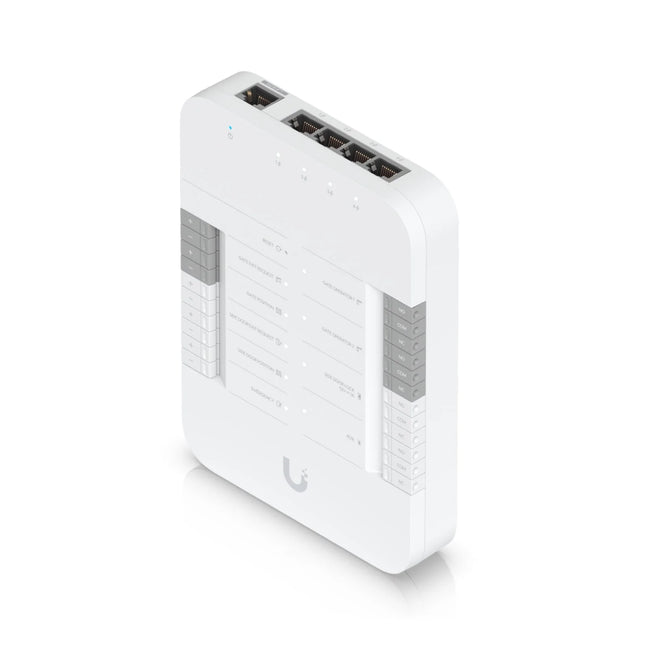 Side view of the UniFi Access Gate Hub showing five Gigabit Ethernet RJ45 ports, detailing one PoE++ input uplink and four downstream PoE+ output ports for readers and cameras.