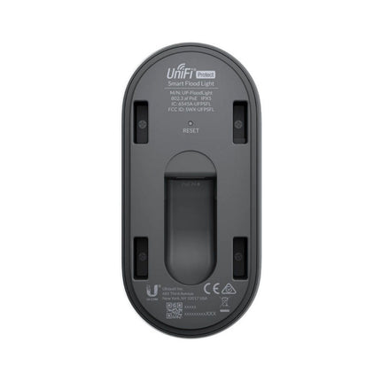 Rear view of the UniFi Protect smart floodlight highlighting the weather-sealed 10/100 MbE RJ45 port for 802.3af Power over Ethernet connectivity.