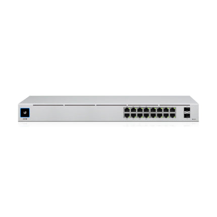 Close-up of the integrated 1.3-inch color LCM touchscreen on the front of the UniFi 16-port PoE switch, displaying real-time system alerts, port configurations, and bandwidth throughput metrics.