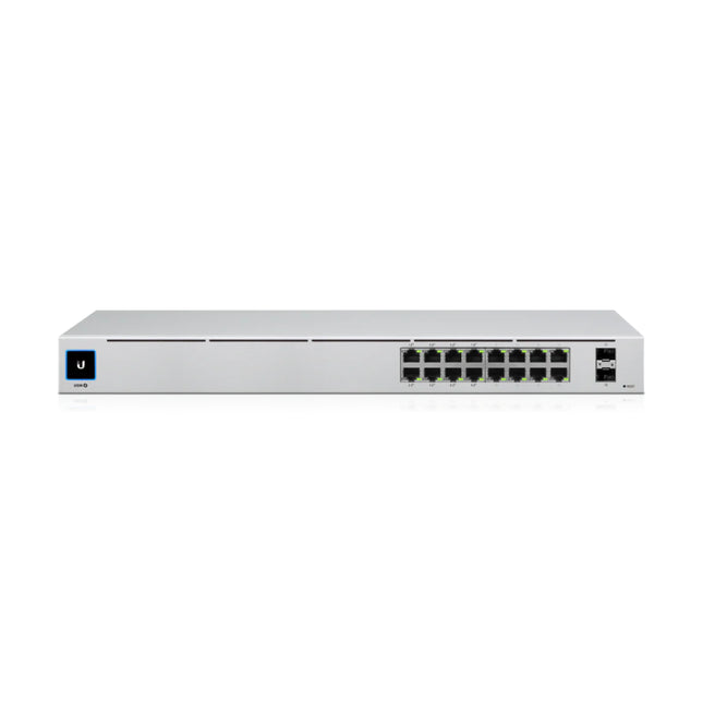 Close-up of the integrated 1.3-inch color LCM touchscreen on the front of the UniFi 16-port PoE switch, displaying real-time system alerts, port configurations, and bandwidth throughput metrics.