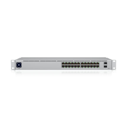 Close-up of the integrated 1.3-inch touch LCM display on the front of the Ubiquiti UniFi 24-port PoE switch, showing real-time port status, PoE load metrics, and configuration options.