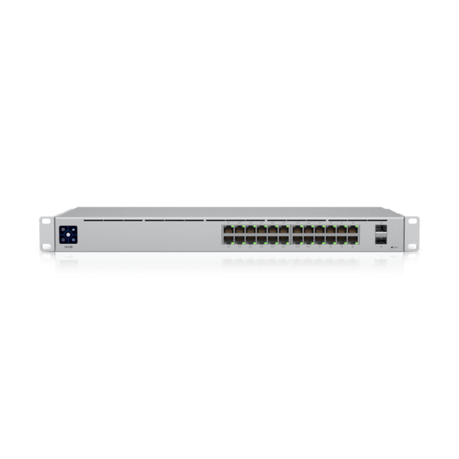 Close-up of the integrated 1.3-inch touch LCM display on the front of the Ubiquiti UniFi 24-port PoE switch, showing real-time port status, PoE load metrics, and configuration options.