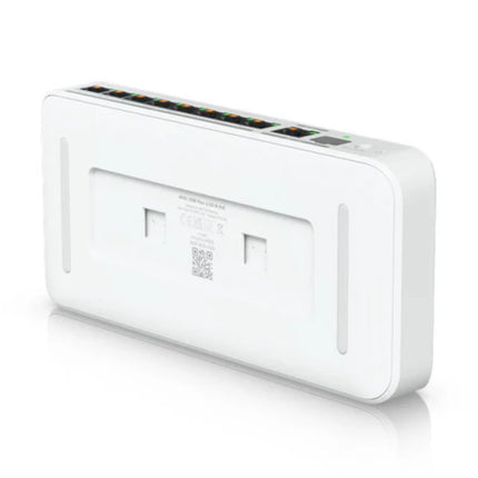 Rear panel view of the Ubiquiti UniFi USW-Flex-2.5G-8-PoE 60W unmanaged switch, detailing the 48V DC external power supply adapter jack and chassis grounding point.
