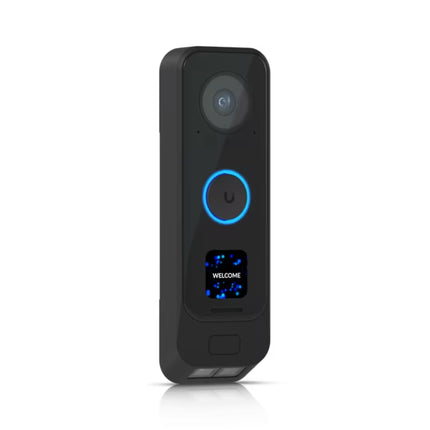 Black UniFi UVC-G4 Doorbell Pro PoE showing the 5MP main camera lens, programmable welcome display, and integrated porch light