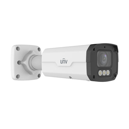 Front view of Uniview IPC2328SB-ADZKM-DL-I1 showing 2.7-13.5mm motorized zoom lens, IR array, and warm light LEDs.