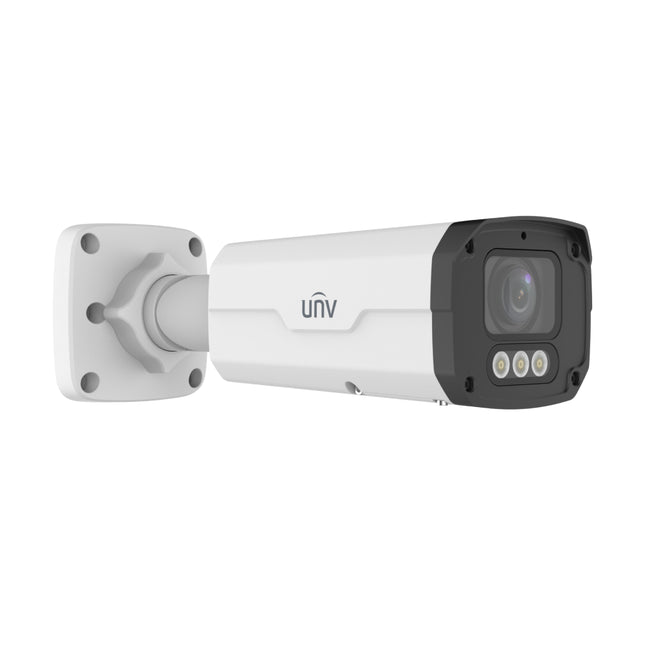 Front view of Uniview IPC2328SB-ADZKM-DL-I1 showing 2.7-13.5mm motorized zoom lens, IR array, and warm light LEDs.