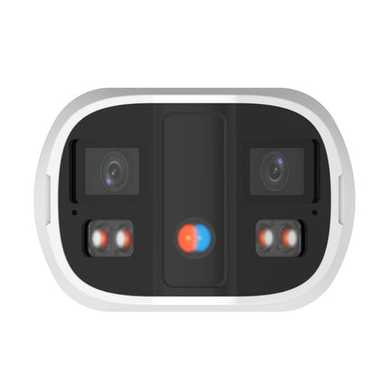 Angled view of the Uniview binocular splicing bullet camera showing active deterrence red and blue warning lights.