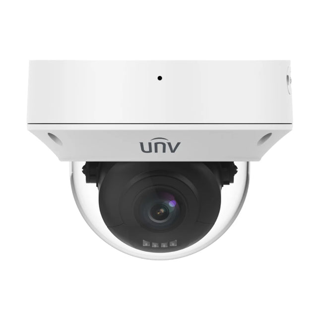 Close-up of the 2.7-13.5mm motorized zoom lens, IR LEDs, and warm white light on the Uniview IPC3236SB-ADZKM-DL-I1.