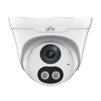 Front view of Uniview IPC3618LE-ADF28KC-DL showing ColorHunter white light LED, IR illuminator, and built-in microphone.