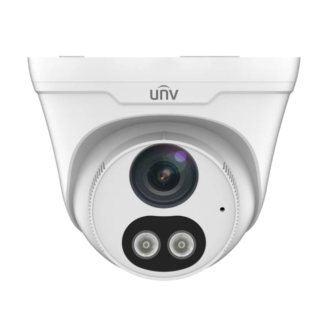 Front view of Uniview IPC3618LE-ADF28KC-DL showing ColorHunter white light LED, IR illuminator, and built-in microphone.