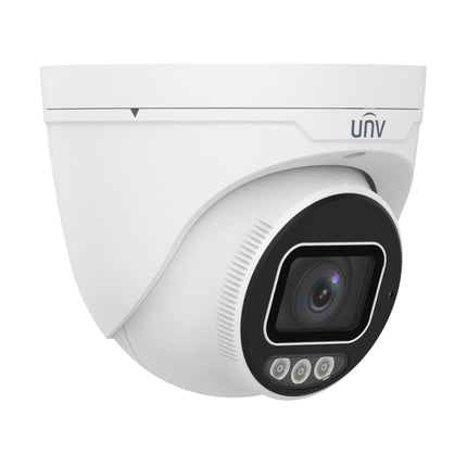 Outdoor wall mounted Uniview 8MP Tri-Guard active deterrence security camera monitoring commercial building entry.