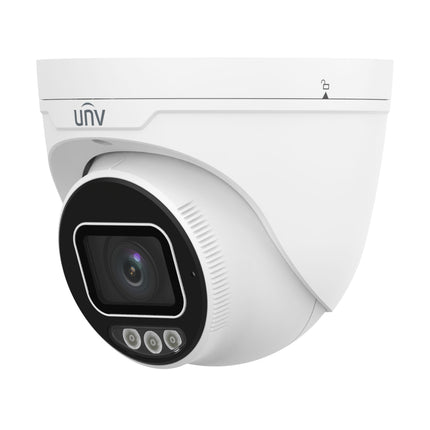 Angled profile view of the Uniview 8MP Tri-Guard vandal-resistant active deterrence turret dome camera.