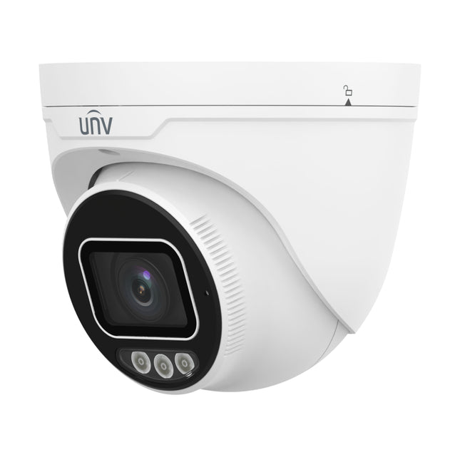 Angled profile view of the Uniview 8MP Tri-Guard vandal-resistant active deterrence turret dome camera.