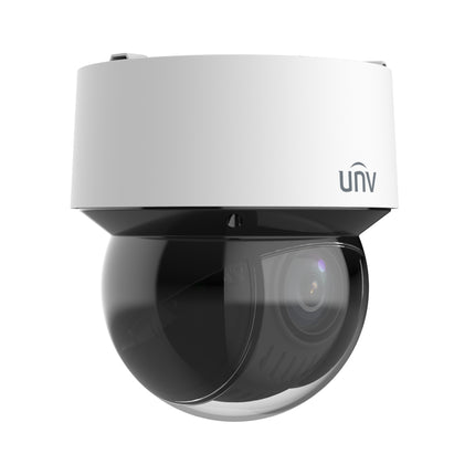 Wall mounted Uniview 4MP 16x optical zoom PTZ network camera monitoring commercial building perimeter.