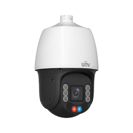 Wall mounted Uniview 4MP 25x optical zoom PTZ security camera overlooking wide perimeter commercial facility.