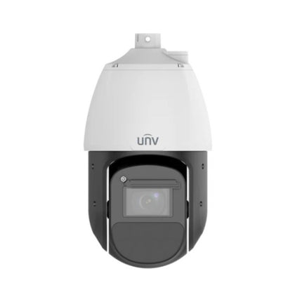 Front close-up of the Uniview IPC6828EL-X42-W-VH1 showing integrated wiper, telephoto lens, and smart IR LEDs.
