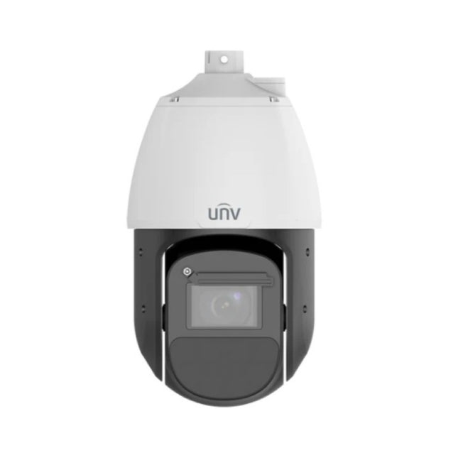 Front close-up of the Uniview IPC6828EL-X42-W-VH1 showing integrated wiper, telephoto lens, and smart IR LEDs.