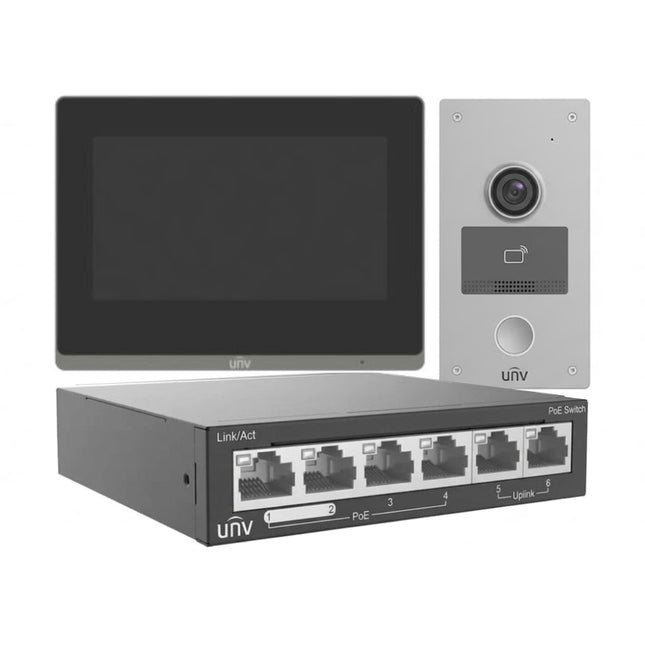 Uniview KIT/201S-Z/372S/NSW2020 complete IP video intercom kit including outdoor door station, indoor monitor, and PoE switch.