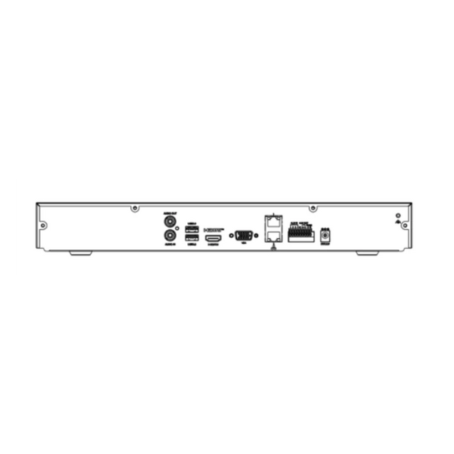 Uniview UNV NVR502-16E-IM-G rear panel showing dual gigabit, HDMI 4K, VGA and USB ports