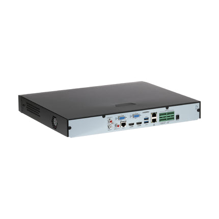 Rear view of Uniview NVR502-32E-IM-G showing HDMI, VGA, Gigabit LAN port, USB, and audio connectors.