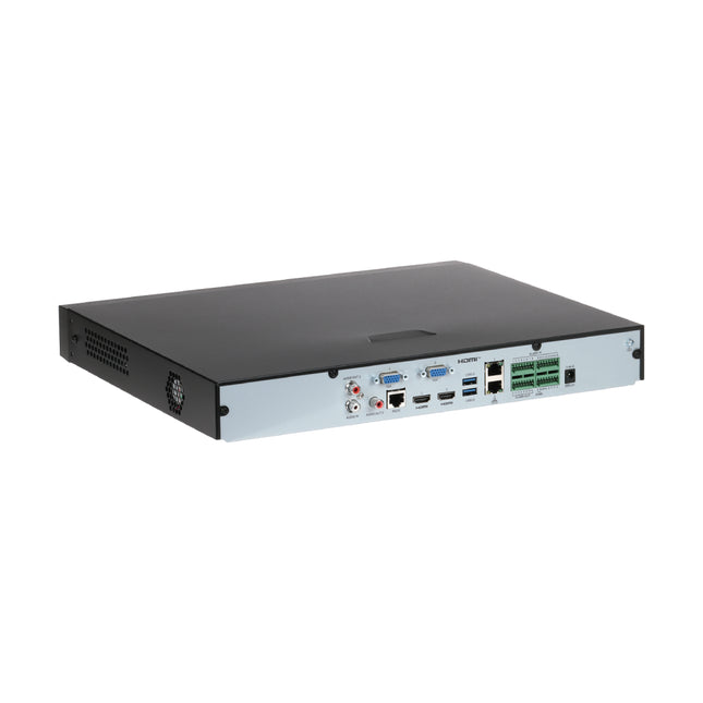 Rear view of Uniview NVR502-32E-IM-G showing HDMI, VGA, Gigabit LAN port, USB, and audio connectors.