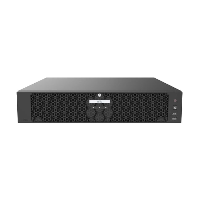 Rear panel of Uniview NVR508-64E-IQ showing dual HDMI, VGA, Gigabit Ethernet ports, and alarm connections.