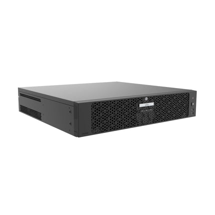 Front view of Uniview NVR508-64E-IQ with drive bay door open showing 8 SATA HDD trays.