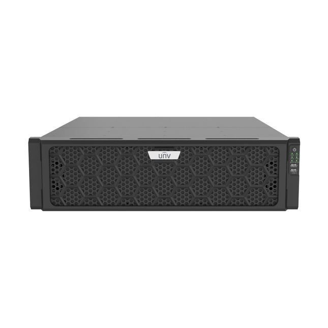Rear view of Uniview NVR516-128E-R showing dual HDMI ports, VGA, multi-NIC network interfaces, and audio I/O.